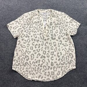 Mary Square Krista Top Women Large Tan Grey Leopard Print Split V-Neck Blouse